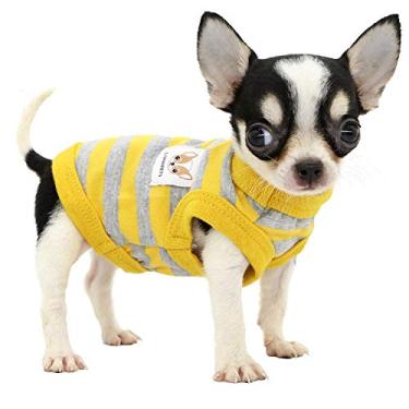 Imagem de Lophipets Camiseta para cachorro listrada 100% algodão para chihuahua Puppy roupas regata colete - Amarelo e cinza tiras/PPP