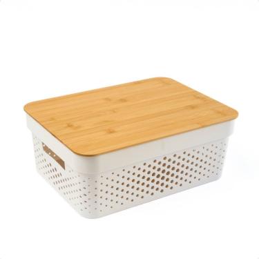 Imagem de Caixa Organizadora Poá com Tampa de Bambu Oikos Multiuso Branca
