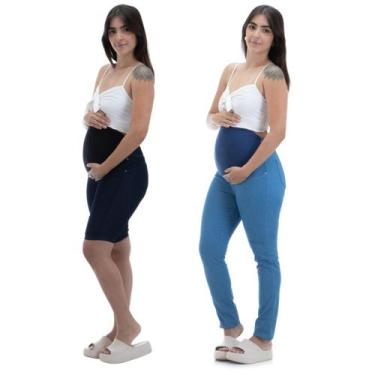 Imagem de Kit Calça e Short Jeans para Gestante Cos Confortável Combo Gravida - 