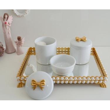 Imagem de Kit Higiene Bebê Porcelana Bandeja Perola Cotonete Potes K036 - Cirand