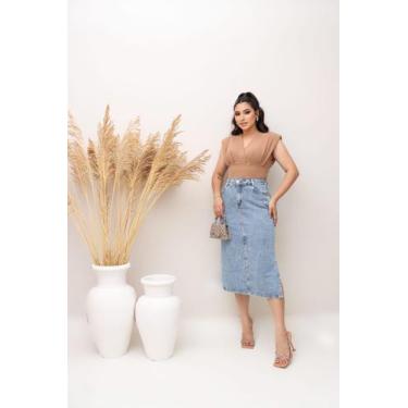 Imagem de Saia Jeans Midi Com Abertura Cintura Alta Feminina Evangélica Jeans Ma