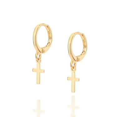 Imagem de Brincos Rommanel Argola Cruz Pendurada Unissex 526789 320026, Dourado