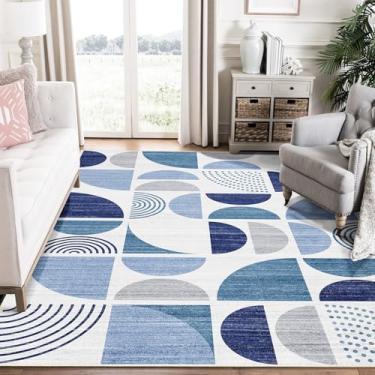 Imagem de MUJOO Tapete azul boho lavável, 15 x 23 cm para sala de estar, quarto, sala de jantar, tapete grande, antiderrapante, macio, moderno, abstrato, azul marinho