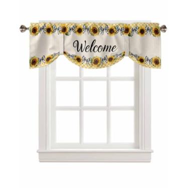 Imagem de Cortinas de amarrar de girassol para janelas, laço de boas-vindas amarelo búfalo xadrez rústico linho haste bolso para varão, tratamento de janela curta ajustável para cozinha, sala de estar, banheiro