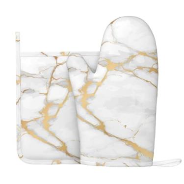 Imagem de Luvas de forno e suportes de panela de mármore abstrato de silicone em ouro branco, acessórios de cozinha, conjunto de 2 luvas longas resistentes ao calor, pegador de panela antiderrapante para