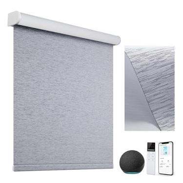 Imagem de TIPIACE Persiana de rolo motorizada inteligente compatível com Alexa, persianas de controle remoto de tecido Ramie blackout completo com trilho inferior envolto em tecido (Ramie-Grey)