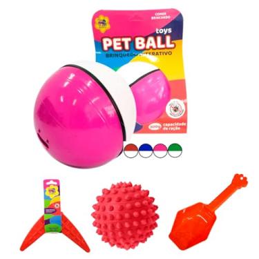 Imagem de Kit Brinquedos para Pets, 4 Peças, Bolinha Dispensadora de Petiscos, Mordedor, Pá de Ração e Bolinha Macia