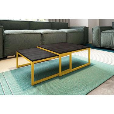 Imagem de Mesa De Centro Industrial Duo Catarina Tampo Amendoa Base Ferro Azul Turquesa - Marrom