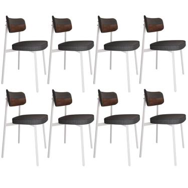 Imagem de Kit 08 Cadeiras Estofada Para Sala De Jantar Astrid Branco C01 Linho Preto Courino Whisky - Lyam Decor