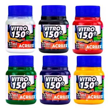 Imagem de Kit com 6 Unidades Tinta 150 Vitro Acrilex à Base de Água para Vidro, Cerâmica e Porcelana Durabilidade e Acabamento Impecável em Projetos de Pintura em Vidro, Porcelana, Cerâmica e Faiança.