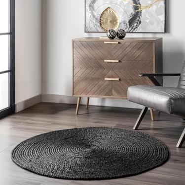 Imagem de GRUHUM Tapete de área de juta preta 1,8 m de fibra natural, redondo, feito à mão, boêmio, rústico, vintage, macio, trançado, reversível, ecológico, tapetes para uso interno, cozinha, quarto, sala de