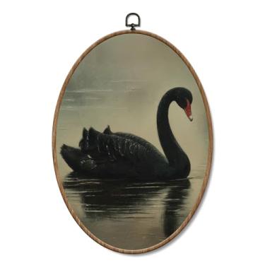 Imagem de Yorhifa Arte de parede emoldurada de cisne negro vintage, arte de parede oval de cisne preto antigo, decoração de paredes ovais de animais elegantes rústicas, decoração de pendurar em tela retrô