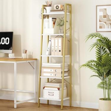Imagem de Hzuaneri Prateleira de escada, estante de livros, prateleira de armazenamento de canto independente com 2 ganchos para escritório em casa, sala de estar, cozinha, quarto, industrial, ouro branco de 5