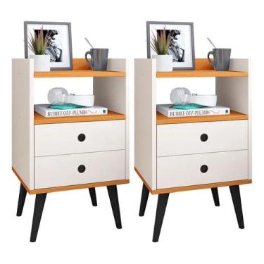 Imagem de Mesa dream kit 2 cabeceira retrô 2 portas cor off detalhe em madeira base com pés preto pix organizador decorar sala estar jantar quarto cama lateral suporte