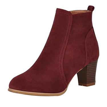 Imagem de Bigfanshu Botas femininas de cano curto inverno 2020 moda camurça bota de couro salto alto sapatos femininos tornozelo, Vinho tinto, 37 BR