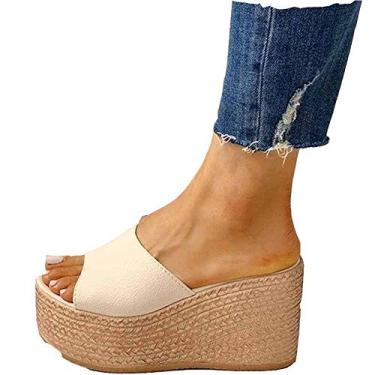 Imagem de Bigfanshu Sandália feminina fashion 2020 nova verão peep-toe salto alto casual anabela, Bege, 39 BR