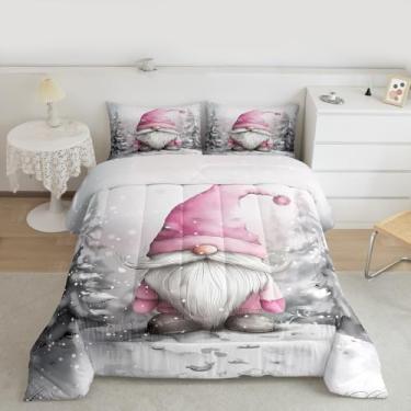 Imagem de Jogo de cama infantil fofo de Papai Noel, Feliz Natal, inverno, floco de neve, edredom kawaii, anão, rosa, cinza, 2 fronhas