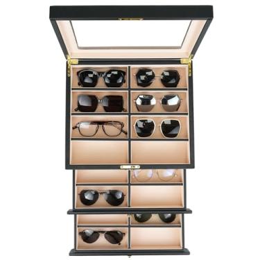 Imagem de SYENS Organizador de óculos de sol de luxo, caixa de armazenamento de óculos de 3 camadas com 24 compartimentos para mulheres e homens, caixa de couro PU para expositor de óculos (24