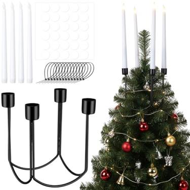 Imagem de Fiwochic Candelabro de topo de árvore de Natal com conjunto de velas de LED brancas para mesa de centro de mesa, enfeite de árvore de Natal, suporte de vela preto fosco para decoração de casa, festa