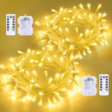 Imagem de QITONG Pacote com 2 luzes de Natal operadas por bateria, cada corda de luzes LED 100 metros para uso externo, à prova d'água com controle remoto, 8 modos de bateria branca quente cintilante luzes de