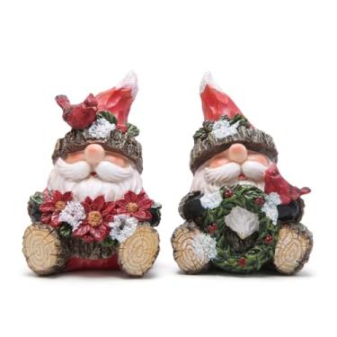 Imagem de Hodao Estatuetas de Natal de Papai Noel, conjunto de 2 – Red Hat Woodland Gnomos com cardeal, buquê de poinsétia e guirlanda de Natal – Decoração de inverno e presente para bandeja em camadas, cornija