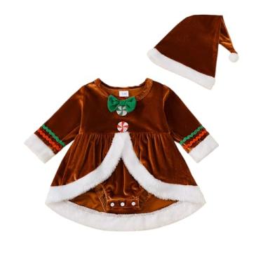 Imagem de Guodeunh Roupa de Natal para bebês recém-nascidas, vestido de Papai Noel, manga comprida, de veludo, roupas de Natal com chapéu (marrom, 3 a 6 meses)