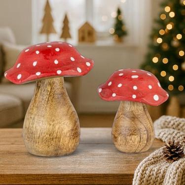 Imagem de Mie Creations Wooden Mushrooms Set of 2 Decorative Figurines, Red Mushroom Art Decor for Table Centerpieces, Home Shelves, Outdoor Garden Yard, Office Desk, Aesthetic Christmas Ornaments