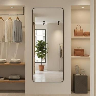 Imagem de Espelho Grande 110x50cm Corpo Inteiro Moldura em Couro Preto para Deco