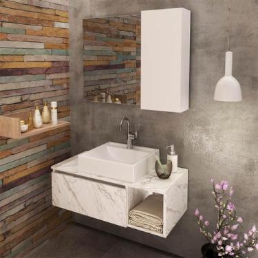 Imagem de Kit Gabinete de Banheiro com Cuba e Espelheira Mármore Branco - Tecno 