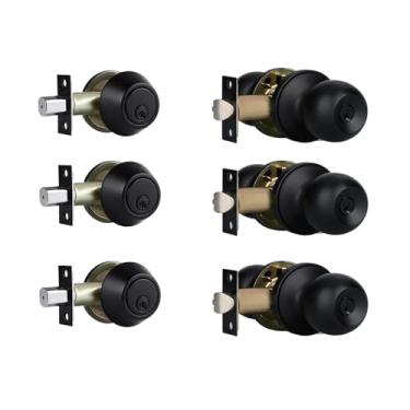 Imagem de Conjunto de maçanetas e fechaduras externas com chave, conjunto de fechadura de fechadura de cilindro único e maçanetas de porta, preto fosco para porta da frente (conjunto de 3 unidades)