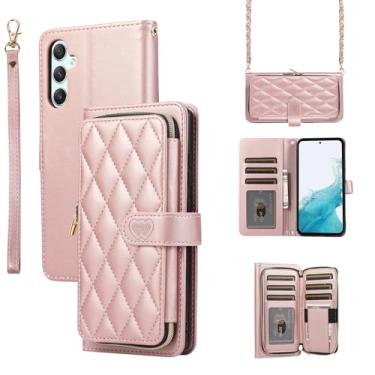 Imagem de Capa carteira para Samsung Galaxy S25 FE, bolsa flip de couro com zíper com suporte para cartão, capa de telefone à prova de choque com fivela magnética com corda de mão e corrente de couro para