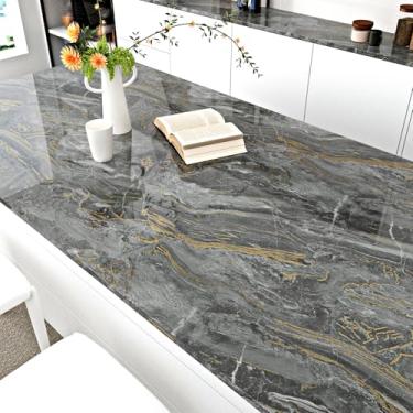 Imagem de EPPKILY Papel de contato de mármore dourado preto para bancadas, papel de parede dourado brilhante, autoadesivo, para bancada, à prova d'água, para armários, cozinha, backsplash, paredes de banheiro