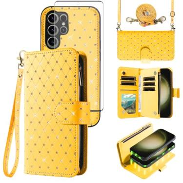 Imagem de Capa carteira compatível com Samsung Galaxy S23 Ultra 5G com zíper para celular e protetor de tela, alça transversal, flip com glitter, porta-cartões, capa para celular S23Ultra 23S S 23 23Ultra 17.3
