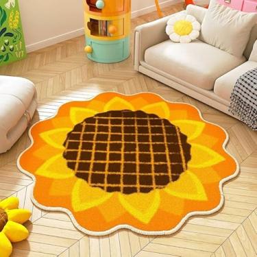Imagem de Poowe Tapete infantil em forma de flor de girassol, tapete para berçário, redondo, educativo, alfabeto, macio, antiderrapante, para quarto de crianças pequenas (redondo 2,6 pés)