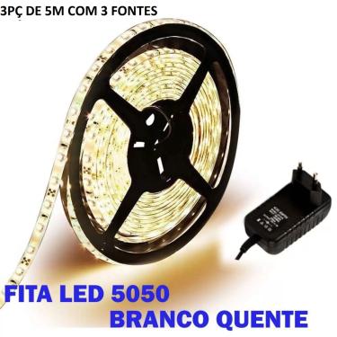 Imagem de Kit 3 Fita Led 5050 Branco Quente 3000k Luz Amarela Bivolt Com Fonte