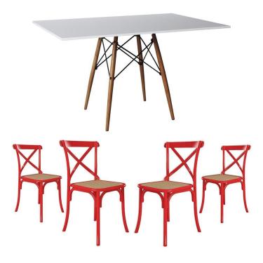 Imagem de Conjunto De Mesa Eiffel Retangular Tampo De Madeira 120X75Cm Branco Com 4 Cadeiras Katrina Vermelha