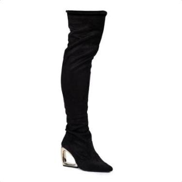 Imagem de Bota Over Camurça Strech Bico Fino Salto Alto Vazado Cromado-Feminino