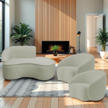 Imagem de Kit Divã Recamier Orgânico Marrocos 150cm Lado Direito E 2 Poltronas Amore Bouclé Verde Oliva