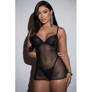 Imagem de Camisola Alicia - tule e cetim preta - - Universo Moda Intima, P