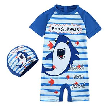 Imagem de Maiô infantil para meninos 1 peça maiô com zíper maiô com chapéu Rash Guard Surf 8t Beachwear Meninos (azul, 5-6 anos)