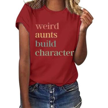 Imagem de Camiseta feminina Weird Aunts Build Personagem 2024 Verão Casual Manga Curta com Provérbios Blusa básica leve, Vermelho, G