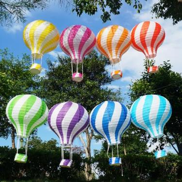 Imagem de 8 peças lanternas de papel de balão de ar quente listradas diagonais de 30,5 cm estilo chinês japonês lanternas de papel de arroz grosso decoração interna ao ar livre para Natal, dia dos namorados,