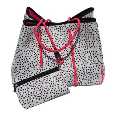 Imagem de Crafters Cup Bolsa de neoprene leopardo | Bolsa de praia, bolsa de ginástica | Bolsa com zíper combinando incluída | Branco com design de pontos pretos, branco, preto, rosa, rosa choque, grande,