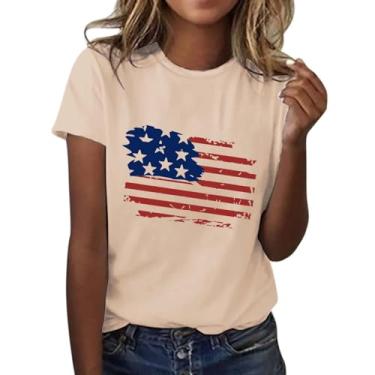 Imagem de Camiseta feminina moderna casual com bandeira do Dia da Independência estampada gola redonda manga curta camiseta xadrez para mulheres, Bege, P