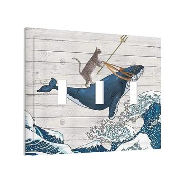 Imagem de Pratos de parede engraçados de gato montando baleia triplo alternância onda do mar em madeira 3 gangues capa de interruptor de luz decorativa placa de interruptor elétrico placa frontal para quarto infantil decoração de banheiro