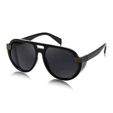 Imagem de FEISEDY Óculos de sol aviador Steampunk com protetores laterais para homens e mulheres anos 80 retrô top plano superdimensionado B0096, Armação preta/lente cinza, 58MM