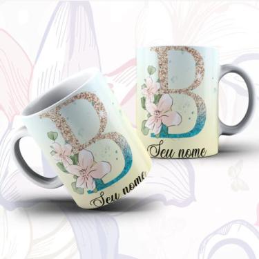 Imagem de Caneca Porcelana Alfabeto Floral Glitter Personalizada Com Inicial E N