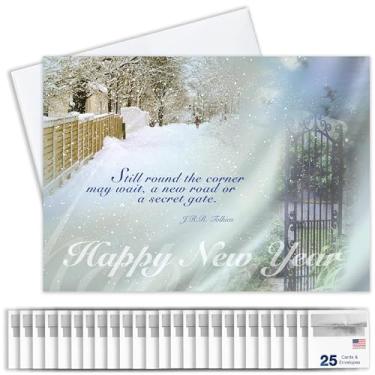 Imagem de Cartões comemorativos de ano novo - N8008. Cartões de felicitações com uma cena de inverno e uma citação da Tolkien. O conjunto de caixa tem 25 cartões comemorativos e 26 envelopes brancos com forro de prata.