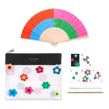 Imagem de kate spade new york Outdoor Fun Pouch with Clear Pouch, Waterproof Playing Cards, Paper Fan, Stainless Steel Straw and Cleaner, Gingham Garden
