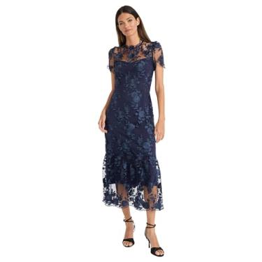 Imagem de Maggy London Vestido feminino midi bordado floral, gola alta, para coquetel e casamento, Azul-marinho (Twilight Navy), 52